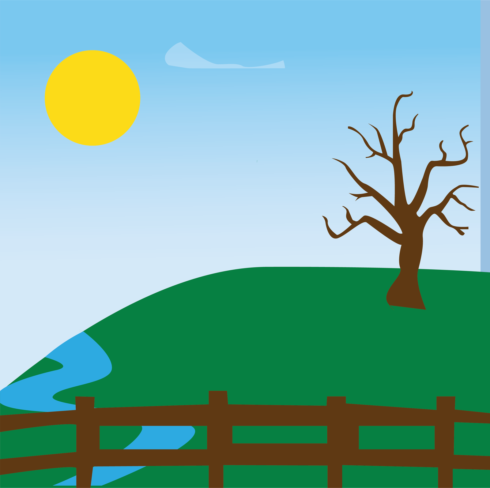 Paisagem com colinas, cerca e árvore
